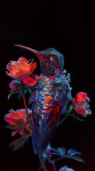 Neon Hummingbird Illustration with Fluorescent Flowers