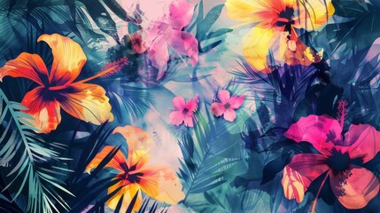 Abstract tropical floral background, vibrant watercolor effect.