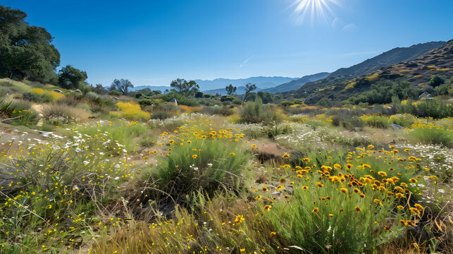 A sunlit chaparral landscape with wildflowers blooming amidst the shrubby terrain, under a clear blue sky, captured with a shallow depth of field for a vivid focus