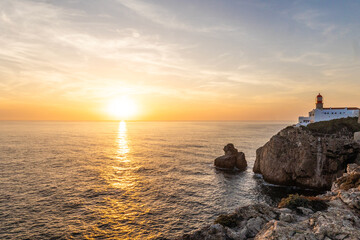 Farol do Cabo de Sao Vincente in Sagres in the Algarve Portugal. Overlooking the blue sea during a...