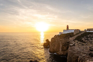 Farol do Cabo de Sao Vincente in Sagres in the Algarve Portugal. Overlooking the blue sea during a...