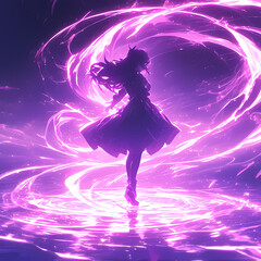 Exquisite Female Dancer in a Whirling Violet Blaze of Powerful Stylized Energy