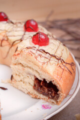 Argentinian Easter Bread Filled with Chocolate Pastry Cream, Almonds and Walnuts. Stuffed Bunny 