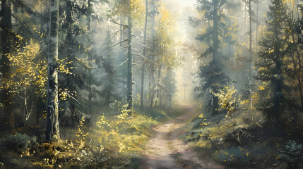 Fototapeta premium A trail through the taiga in early fall, with soft sunlight filtering through the dense canopy of spruce and pine trees