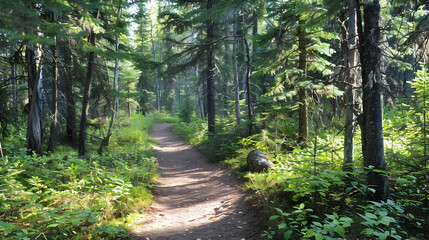 Obraz premium A trail through the taiga in early fall, with soft sunlight filtering through the dense canopy of spruce and pine trees