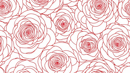 Line art rose pattern, The white background was covered with roses, Each flower is outlined with a delicate red line, Simple yet elegant design for a variety of applications, Perfect for creating flow
