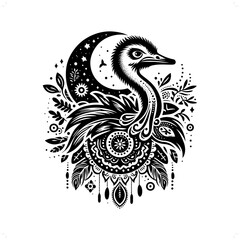 Ostrich bird silhouette in bohemian, boho, nature illustration