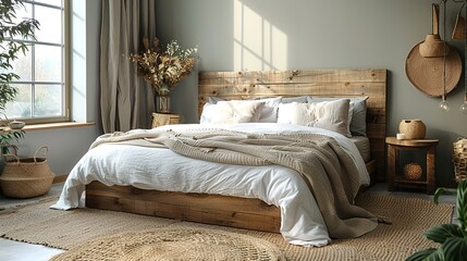 The rustic wooden bed against empty white wall with copy space. Scandinavian loft interior design of modern bedroom.