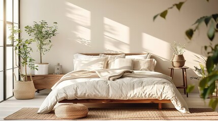The rustic wooden bed against empty white wall with copy space. Scandinavian loft interior design of modern bedroom.