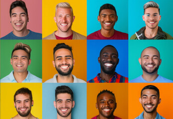 Diverse group of men posing for portraits. Multiple portraits with colored backgrounds