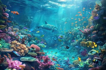 A colorful underwater scene with a variety of fish and coral