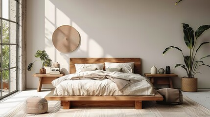 The rustic wooden bed against empty white wall with copy space. Scandinavian loft interior design of modern bedroom.