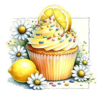 Watercolor cupcake with lemons, sprinkles and daisies