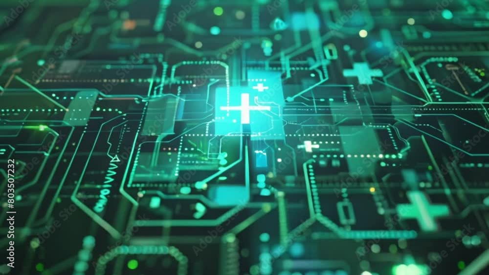Poster A computer circuit board featuring a prominent cross symbol, highlighting the intersection of technology and medicine