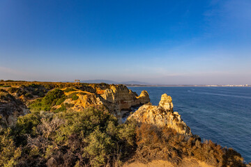 Fototapeta premium Panoramic view, Ponta da Piedade near Lagos in Algarve, Portugal. Lagos, Portugal on October 10, 2023.