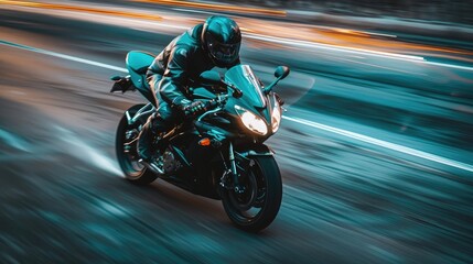 Sportbike motorcycle on the road, dynamic tourism motorcycle riding at high speed