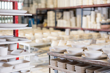 Variety of unfinished ceramic tableware, bowls and plates, made by slip casting method, organized...