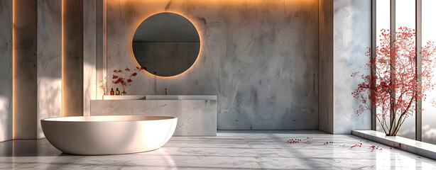 The minimalist bathroom with a marble bathtub in a modern apartment