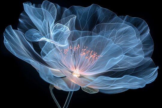 Xray of a blooming flower, closeup, delicate structures highlighted, natural beauty emphasized