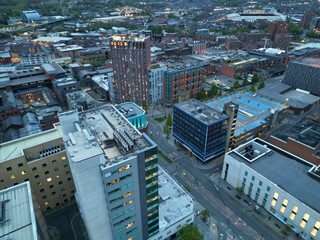 Fototapeta premium Beautiful Aerial View of Sheffield City Centre at Just After Sunset. England United Kingdom. April 29th, 2024