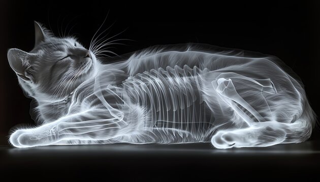Xray of a cat stretching, relaxed posture, soft backlighting, cozy and whimsical feel