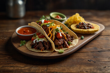 "Beef Taco on Wooden Table with Sauce"