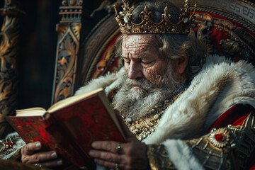 An old king sitting on his throne reading a book, depicting the concept of knowledge is power