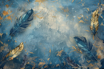 Vintage illustration featuring delicate feathers in shades of blue and gold against a textured background, created with oil on canvas.