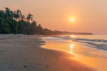 sundy beach vbackground with orange pinkish sunset. tropical vacation, honeymoon. High quality photo