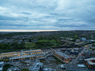 Fototapeta premium Beautiful Aerial View of Sheffield City Centre at Just After Sunset. England United Kingdom. April 29th, 2024