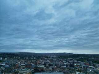 Beautiful Aerial View of Sheffield City Centre at Just After Sunset. England United Kingdom. April 29th, 2024