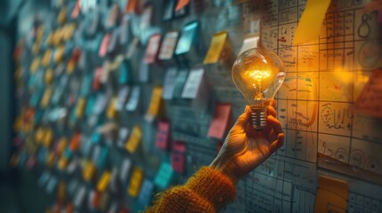 creative ideas concept picture of glowing light bulb with sticky note from teamwork on brainstorming board background.
