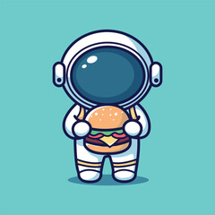 Cartoon astronaut with hamburger on blue background. Vector illustration.