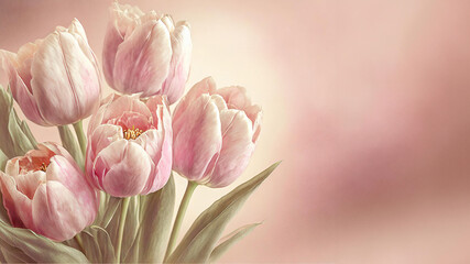 Naklejka premium Illutration of spring tulip flowers on pink background top view in flat lay style. Greeting card for Womens, Mothers Day, wedding invitation or Spring Sale Banner. Generative AI.