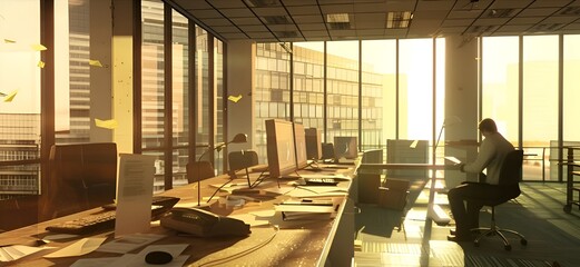 Morning office scene. in an office, seemingly abandoned, a lone worker reviews some documents sitting on a chair with his back turned. sharp focus on a dynamic paper flight, bathed in the warm glow 