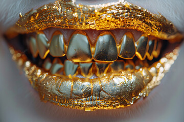 A mouth with golden lips and golden teeth close up