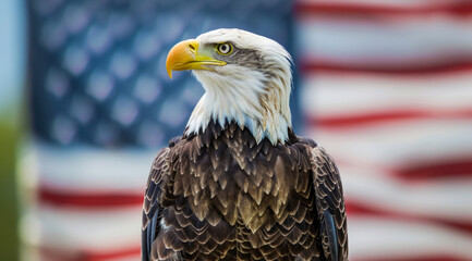 A bald eagle stands in front of an American flag