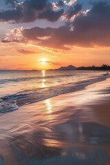 sundy beach vbackground with orange pinkish sunset. tropical vacation, honeymoon. High quality photo