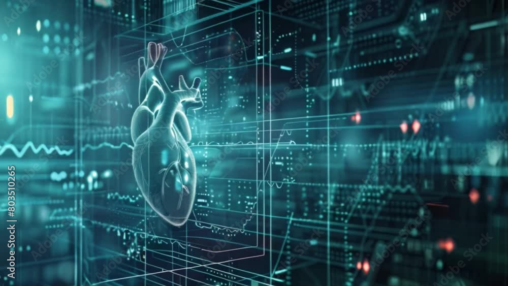 Aufkleber A graphic representation of a human heart is overlaid on a backdrop of virtual medical data streams and graphs.