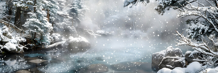 A winter scene where snowflakes gently land on the steamy surface of a hot spring surrounded by snow-covered pines