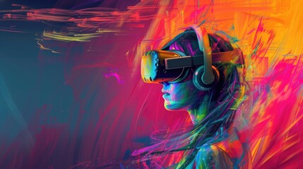 Virtual reality concept art, colorful VR gaming abstract illustration, girl wearing VR headset glasses, modern entertainment, generative ai