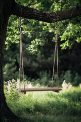 Wooden swing hanging from a tree branch