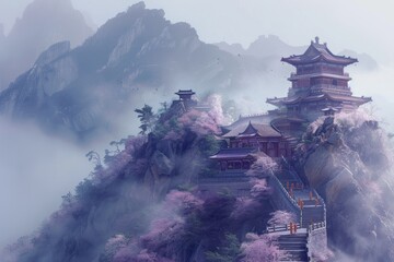 A mountain with a temple and a lot of cherry blossoms
