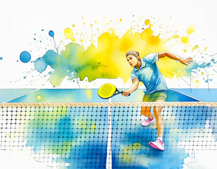 A vibrant padel player swings a racket on a colorful court