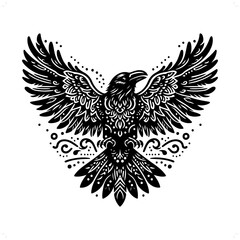 raven bird silhouette in bohemian, boho, nature illustration