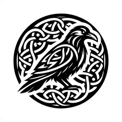 raven bird  silhouette in animal celtic knot, irish, nordic illustration