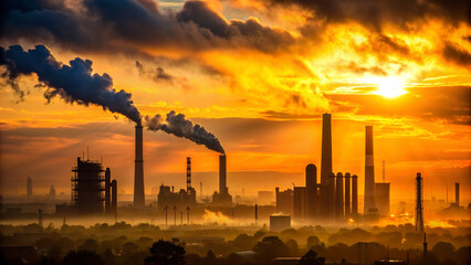 Sunset silhouetting smokestacks, industrial skyline with pollution over a vibrant sky. Industrial...