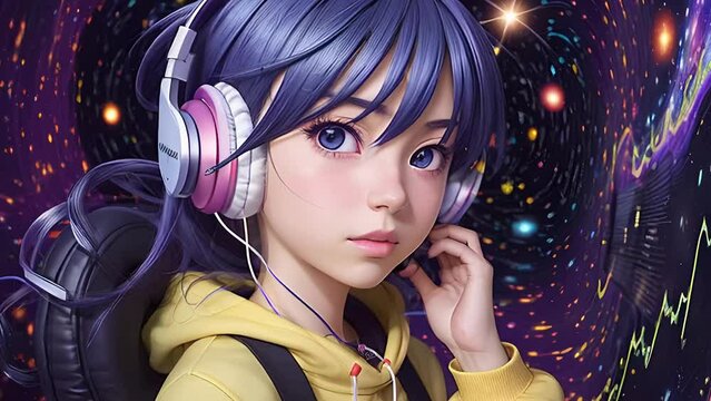 Anime young girl purple hairs wearing yellow headphones listening lofi music, close up flipbook zoom in animation, cosmic backdrop. High quality FullHD footage