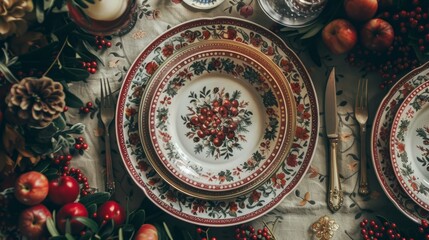 Obraz premium dishes and table details, such as cutlery, decorative plates and flowers, highlighting exquisiteness and attention to detail generative ai