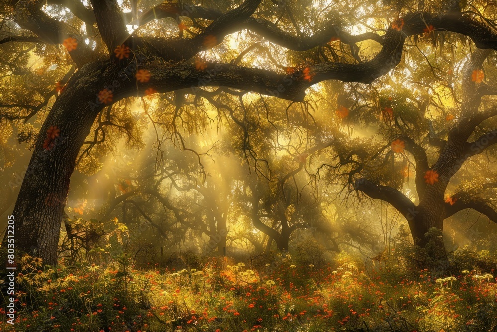 Poster a forest with trees and leaves in the foreground and background